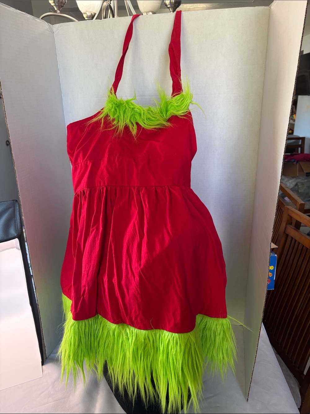 Source Unknown Red Dress with Neon Green Fuzzy Trim
